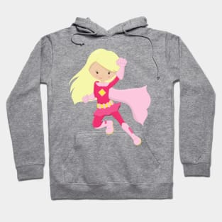 Superhero Girl, Cute Girl, Blonde Hair, Pink Cape Hoodie